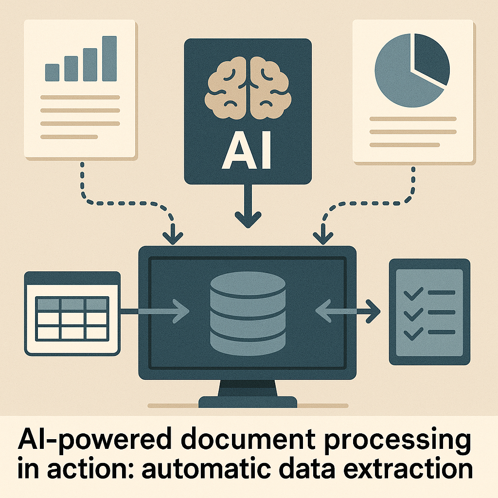 AI system scanning and processing various business documents with extracted data flowing into organized digital systems.