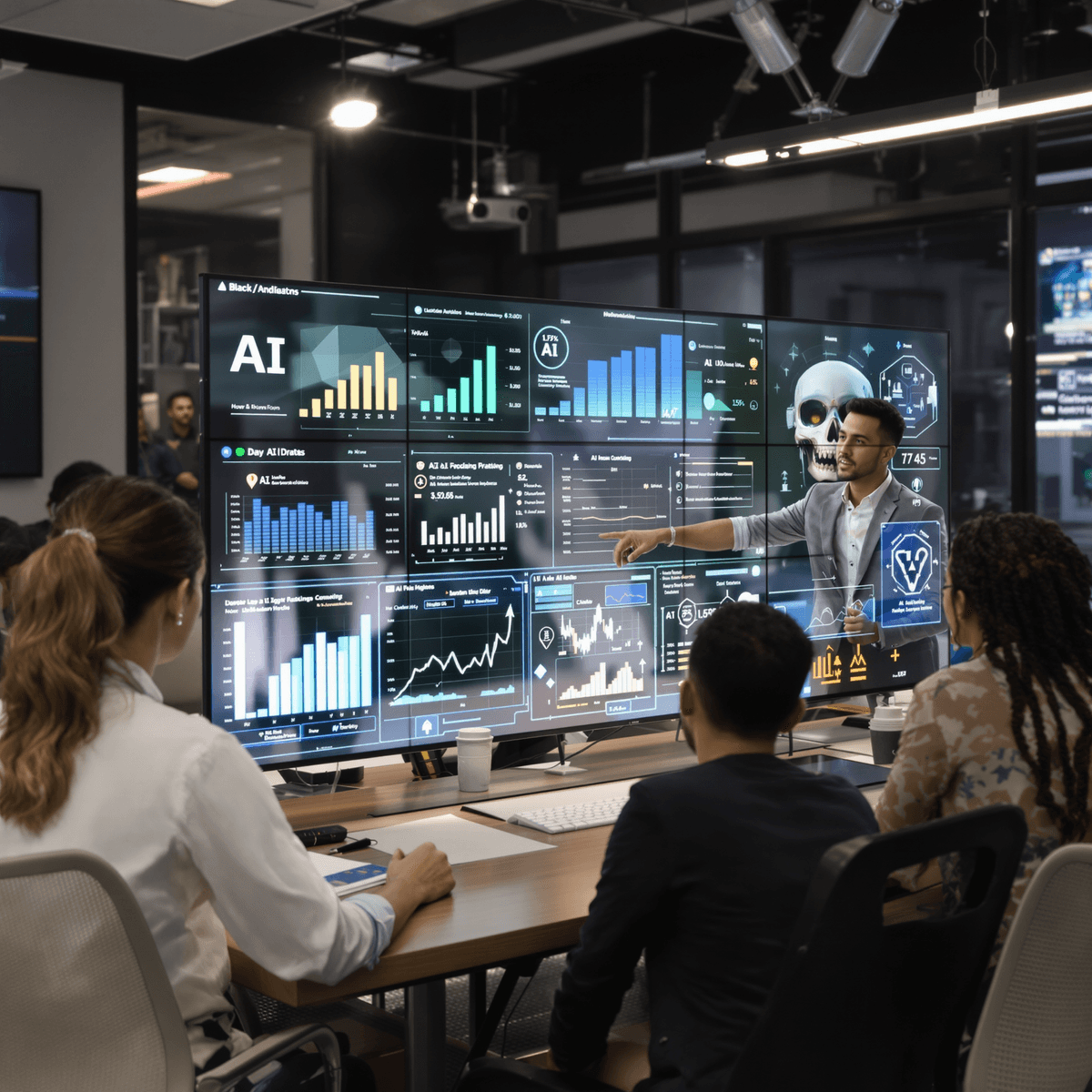 Business professionals collaborating around digital screens showing AI data analytics and futuristic technology icons in a modern office setting.