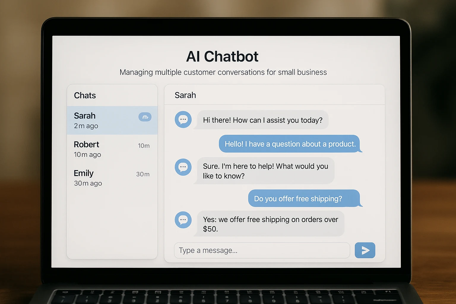 AI chatbot interface managing multiple customer conversations for small business with instant response capabilities
