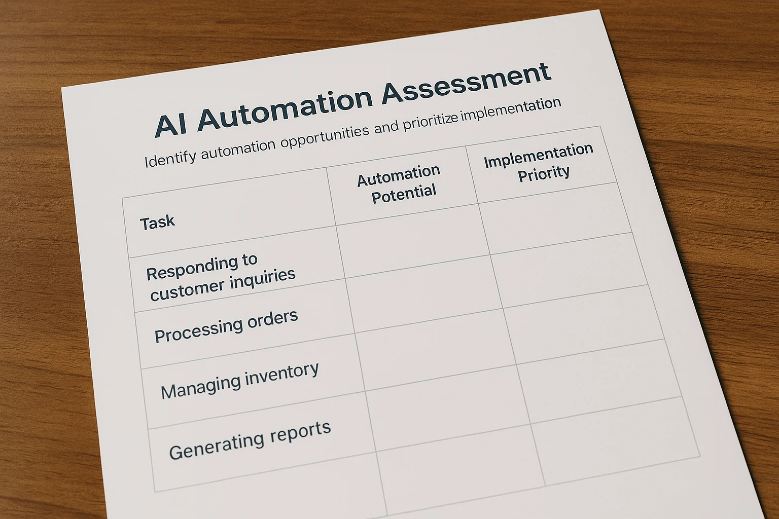 AI automation assessment worksheet showing how small businesses can identify automation opportunities and prioritize implementation